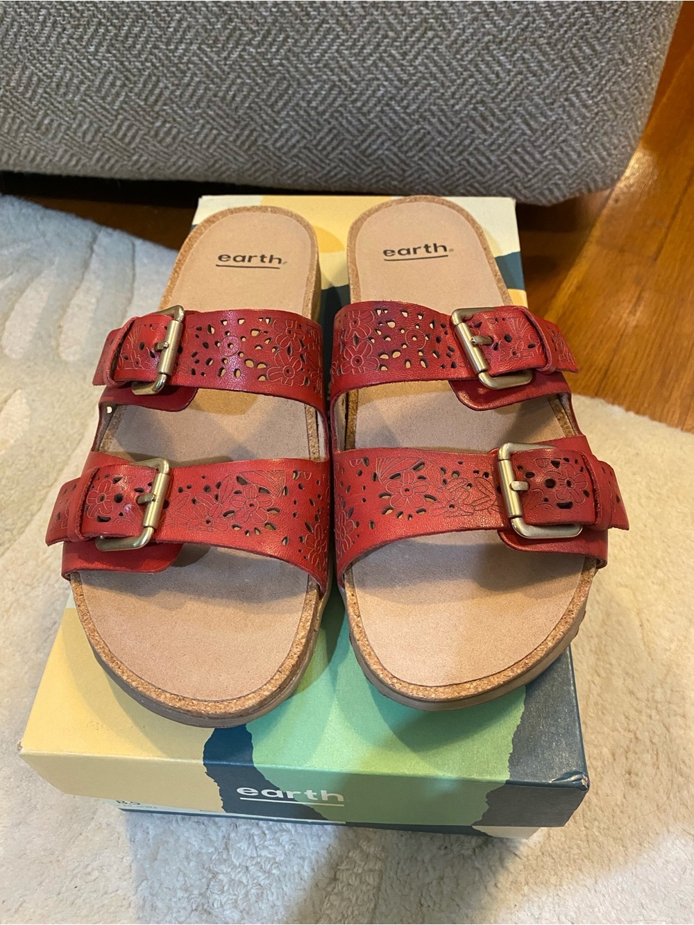 Earth Red Laser-Cut Dual-Buckle Slide Sandals 8.5